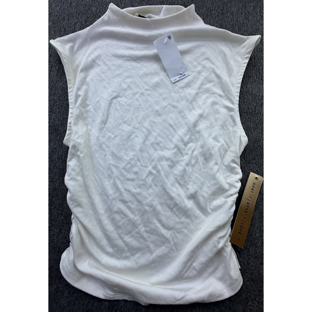 Almost Famous Shirt Womens Large Ivory Sleeveless Ruched Mock Neck Stretch New